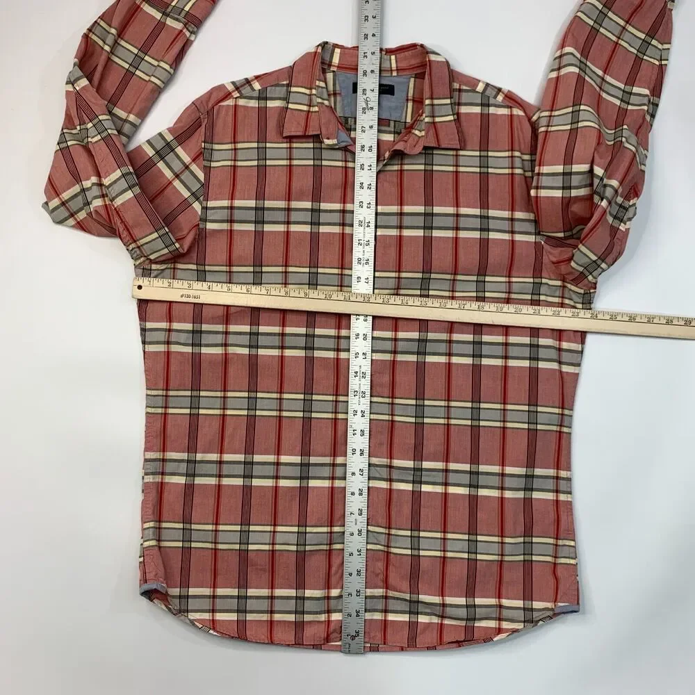 Banana Republic Soft Wash Shirt Men L Large Red Plaid Flip Cuff Cotton Button Up